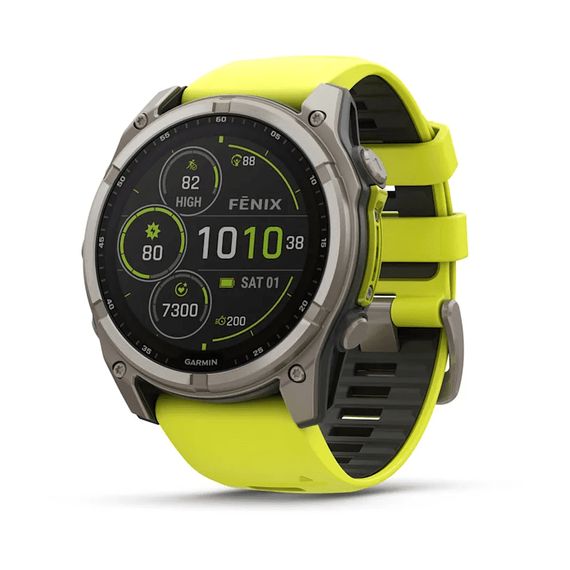 Fenix 8 –  Solar Sapphire Titanium With An Amp Yellow/Graphite Silicone Band 51 mm