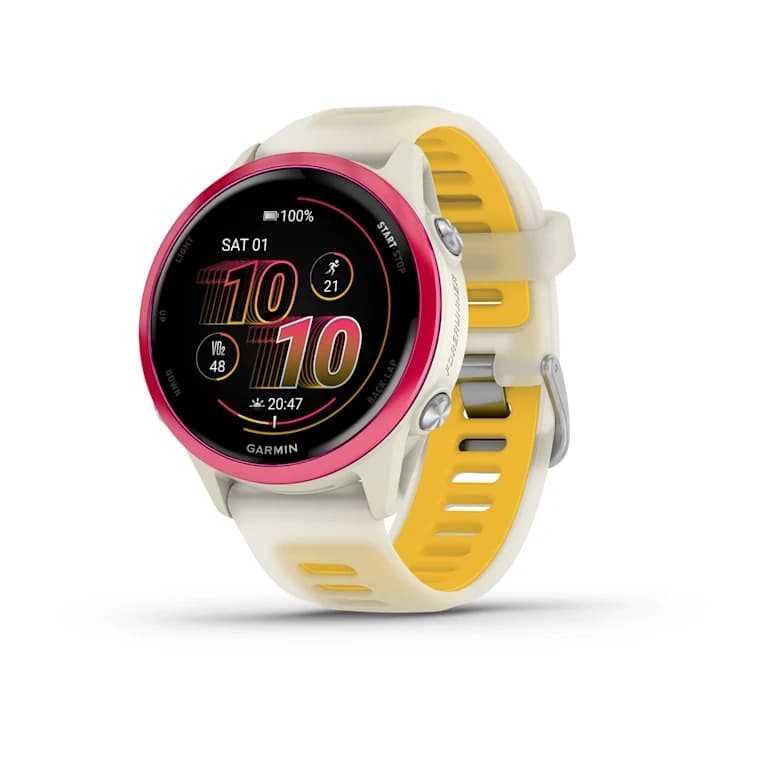 Forerunner 570 - 42mm Raspberry Aluminum with Translucent Bone/Mango Band
