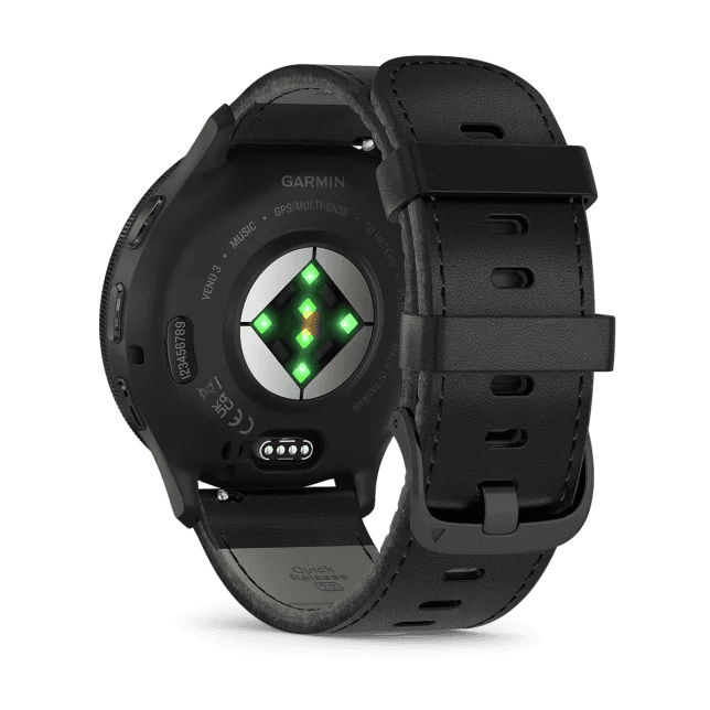 Venu 3 Slate stainless steel bezel with black case and black leather band — фото 4