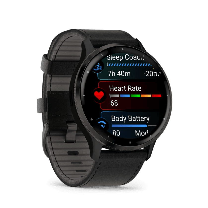 Venu 3 Slate stainless steel bezel with black case and black leather band — фото 8