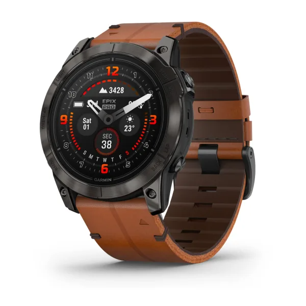 Epix Pro (Gen 2) – Sapphire Edition Carbon Grey DLC Titanium with Chestnut Leather Band