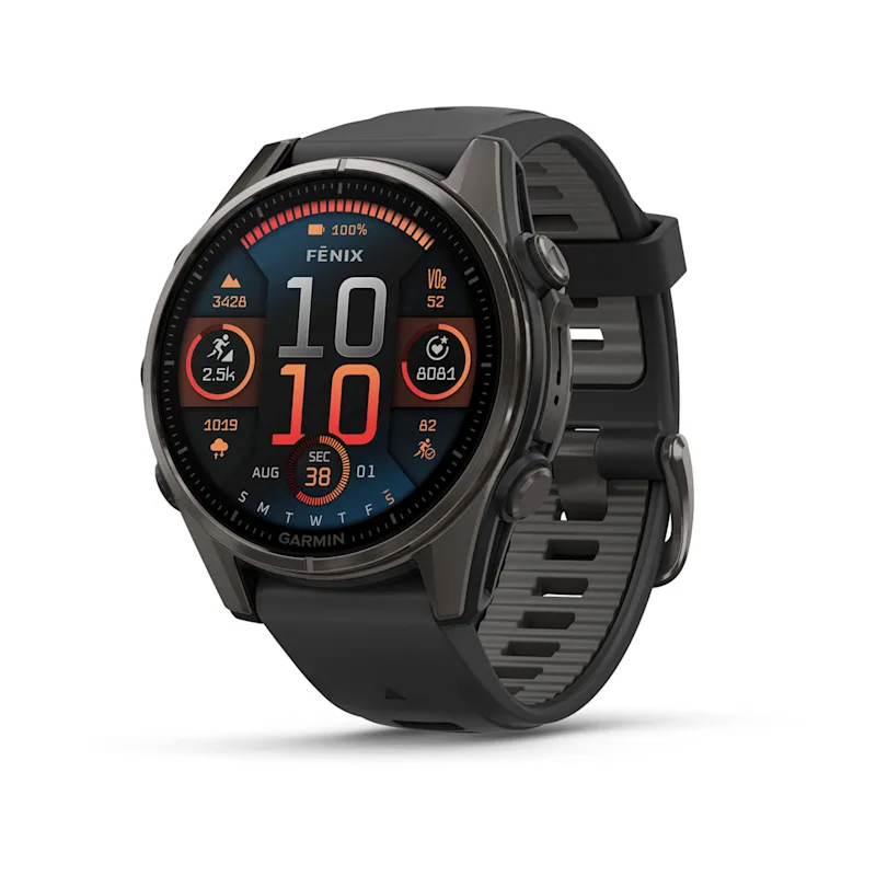 Fenix 8– AMOLED Sapphire Carbon Gray DLC Titanium With Black/Pebble Gray Silicone 43 mm