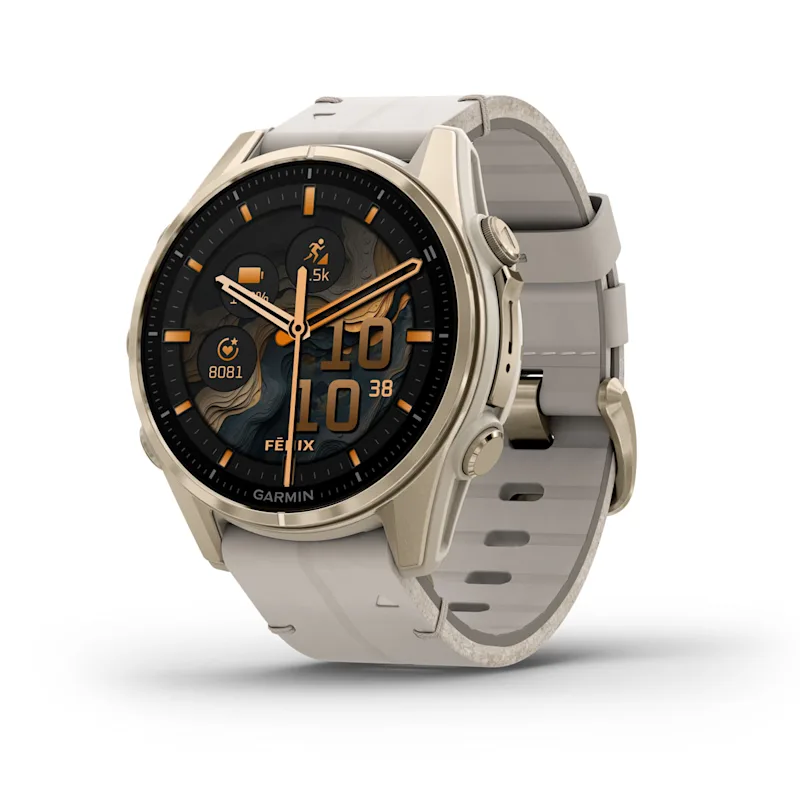 Fenix 8 – AMOLED Sapphire Soft Gold Stainless Steel With A Fog Gray Leather Band plus A Fog Gray/Dark Sandstone Silicone Band 43 mm