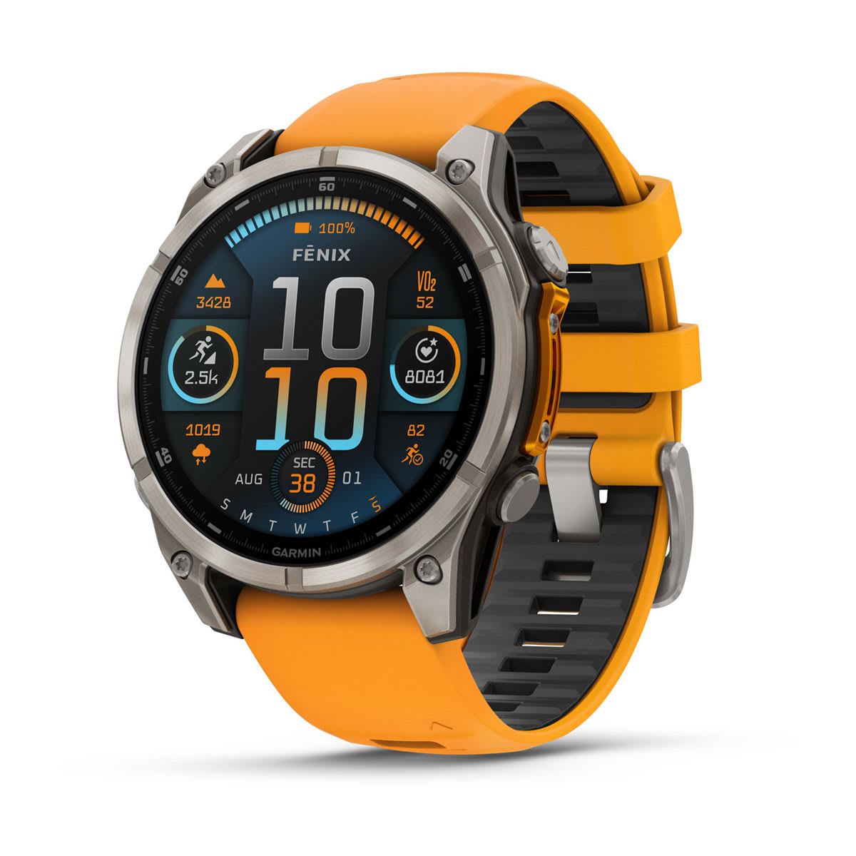 Fenix 8 – 47 mm, AMOLED Sapphire titanium with a spark orange/graphite silicone band