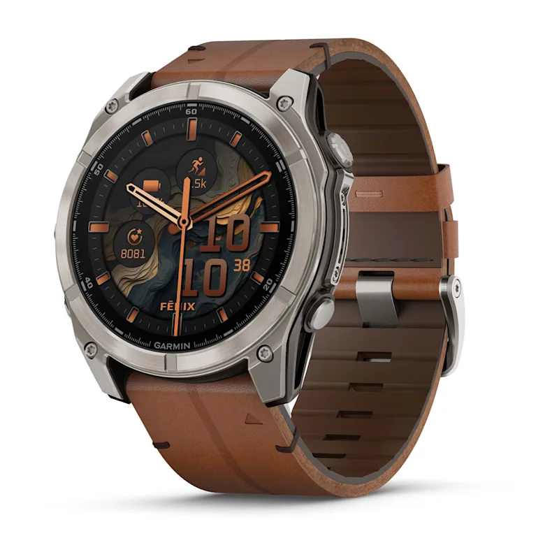 Fenix 8 – AMOLED Sapphire Bare Titanium Black With A Chestnut Leather Band Plus A Graphite Silicone Band 51 mm