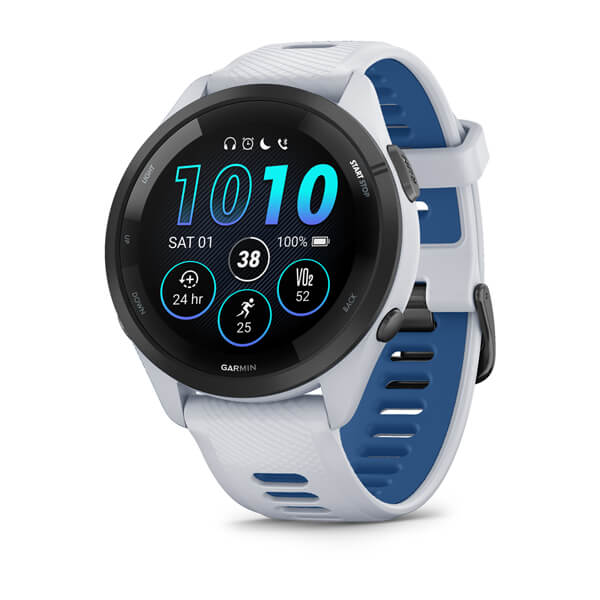 Forerunner 265 Black Bezel with Whitestone Case and Whitestone/Tidal Blue Silicone Band