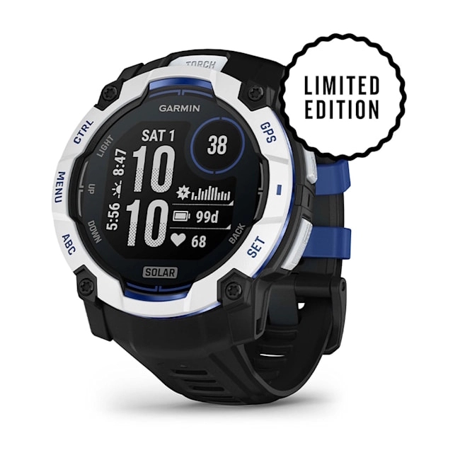 Instinct 3 – 50 mm, Solar Whitestone with Black/Bolt Blue Band