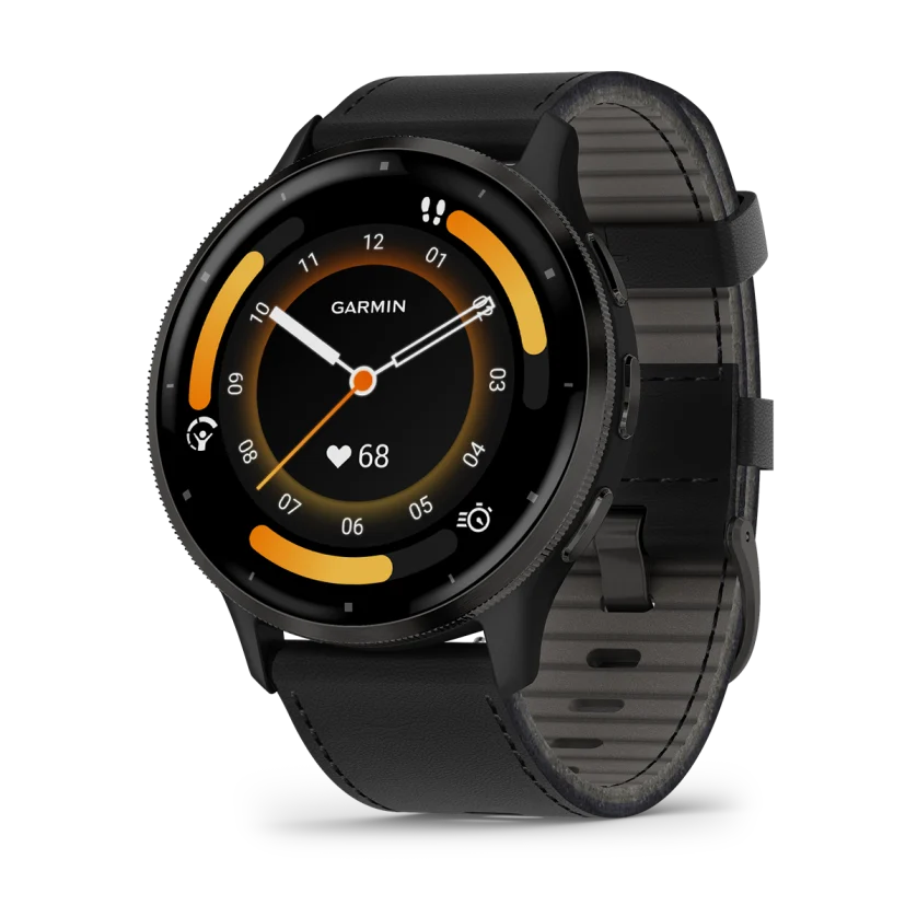 Venu 3 Slate stainless steel bezel with black case and black leather band