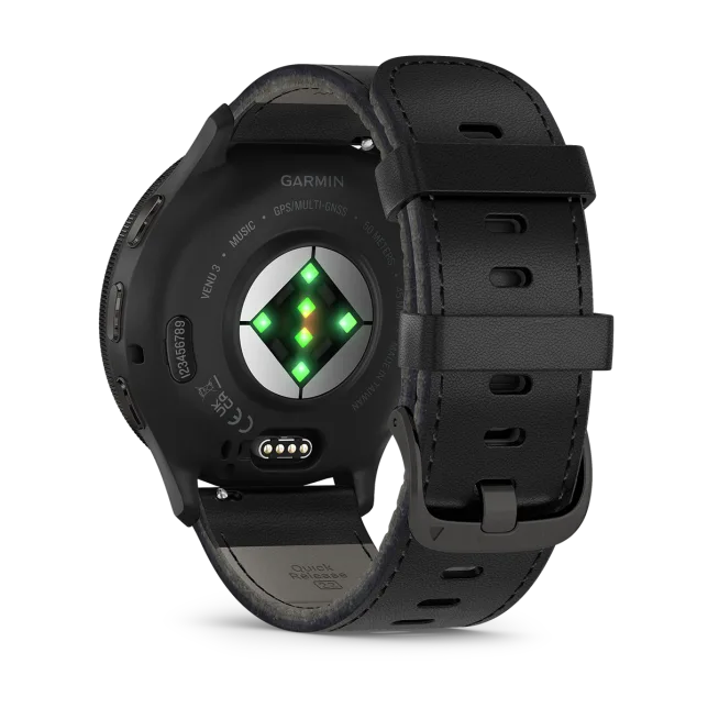 Venu 3 Slate stainless steel bezel with black case and black leather band — фото 4