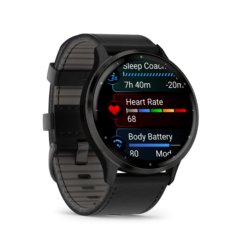 Venu 3 Slate stainless steel bezel with black case and black leather band — фото 8
