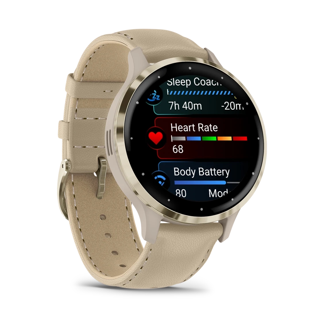 Venu 3S Soft gold stainless steel bezel with French grey case and leather band — фото 2