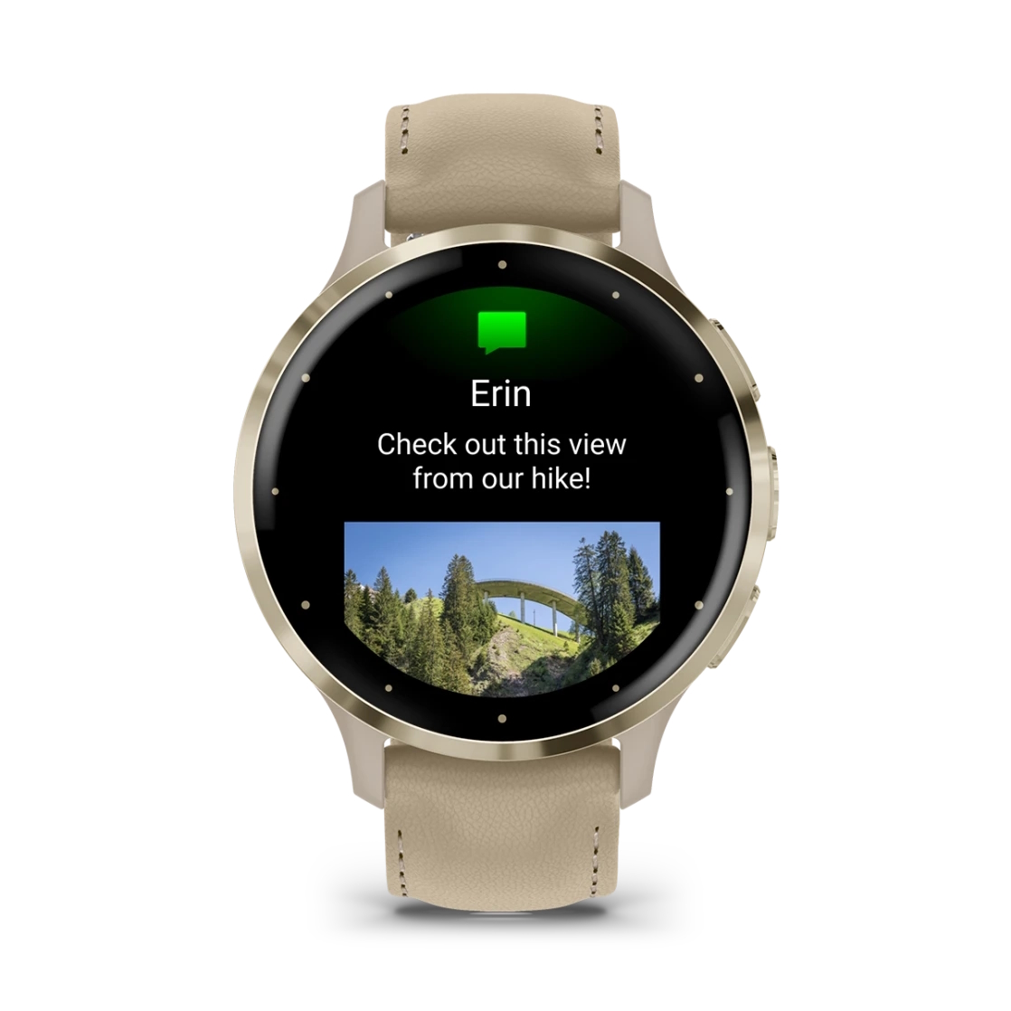 Venu 3S Soft gold stainless steel bezel with French grey case and leather band — фото 3