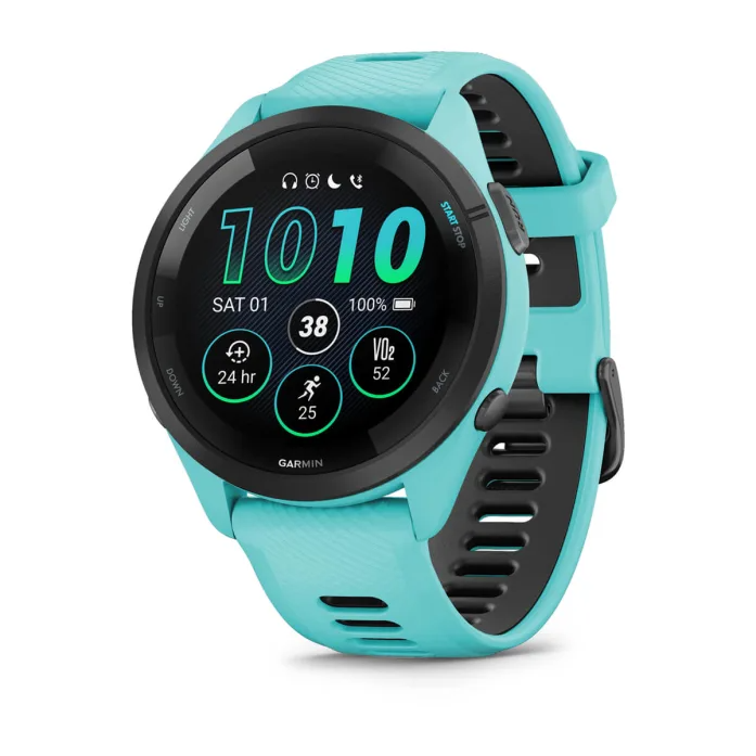 Forerunner 265 Black Bezel with Aqua Case and Aqua/Black Silicone Band