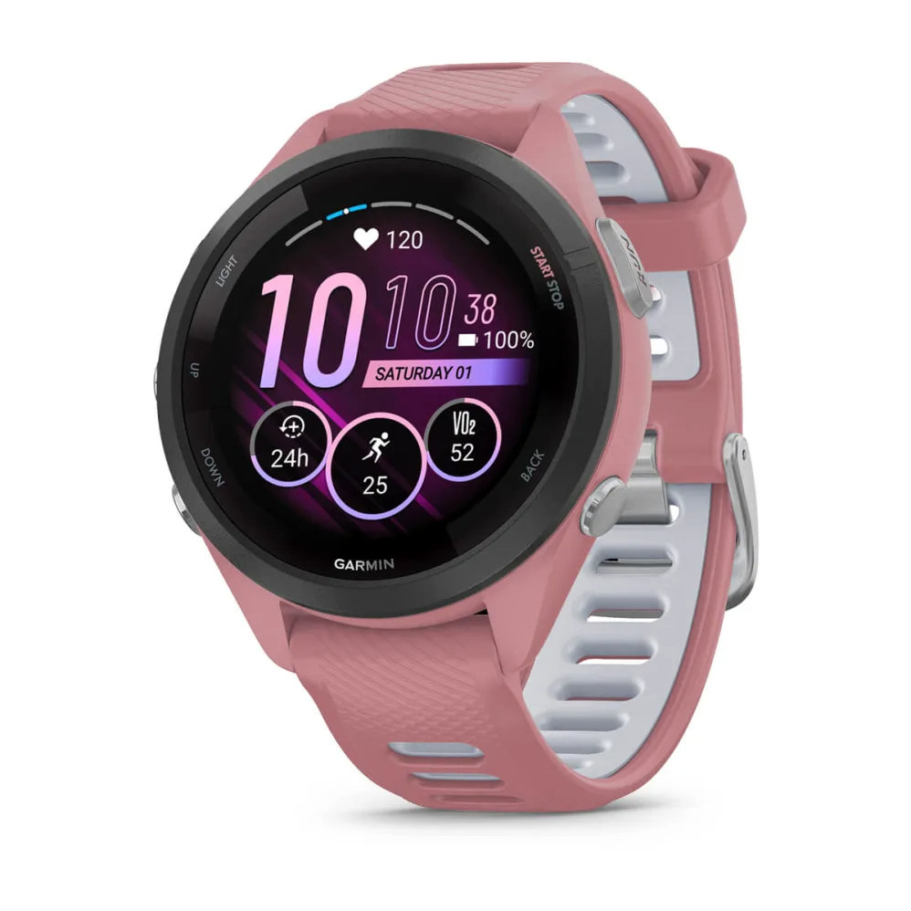 Forerunner 265S Black Bezel with Light Pink Case and Light Pink/Whitestone Silicone Band
