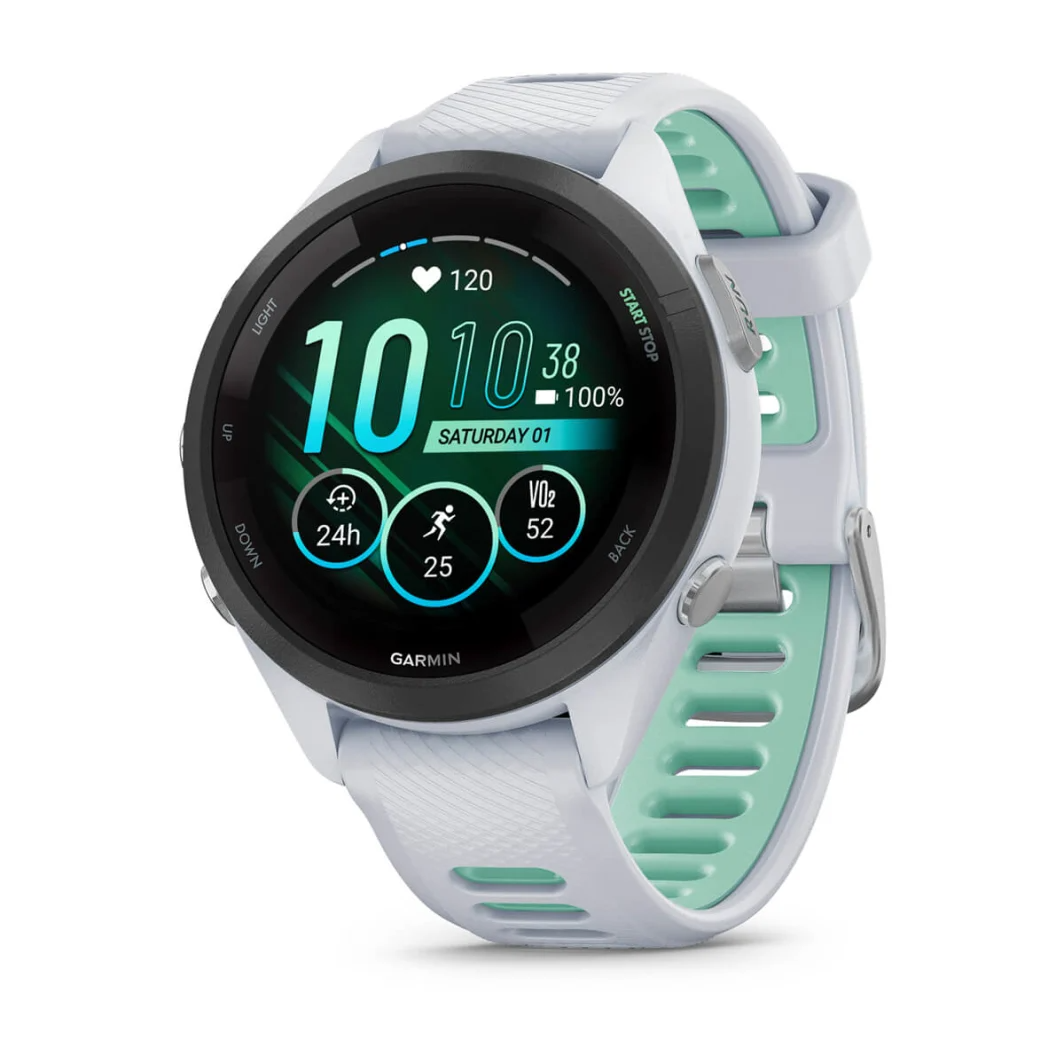 Forerunner 265S Black Bezel with Whitestone Case and Whitestone/Neo Tropic Silicone Band