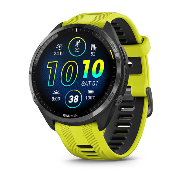 Forerunner 965 Carbon Gray DLC Titanium Bezel with Black Case and Amp Yellow/Black Silicone Band