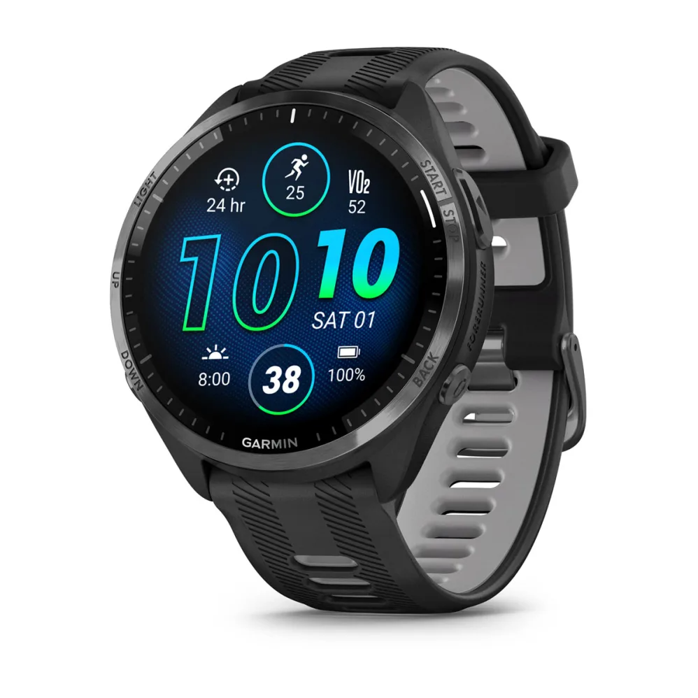 Forerunner 965 Carbon Gray DLC Titanium Bezel with Black Case and Black/Powder Gray Silicone Band