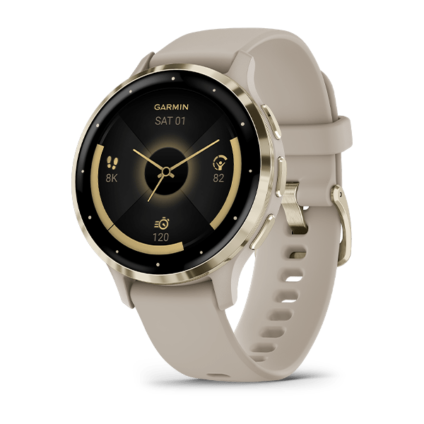 Venu 3S Soft Gold Stainless Steel Bezel with French Gray Case and Silicone Band